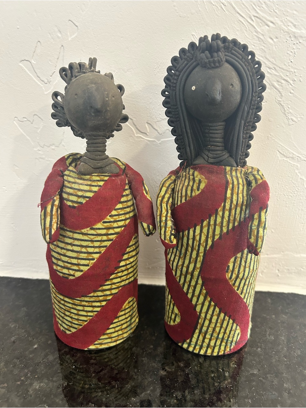 Vintage Hand-Sculpted African Clay Head Fabric Dolls - Set of 2